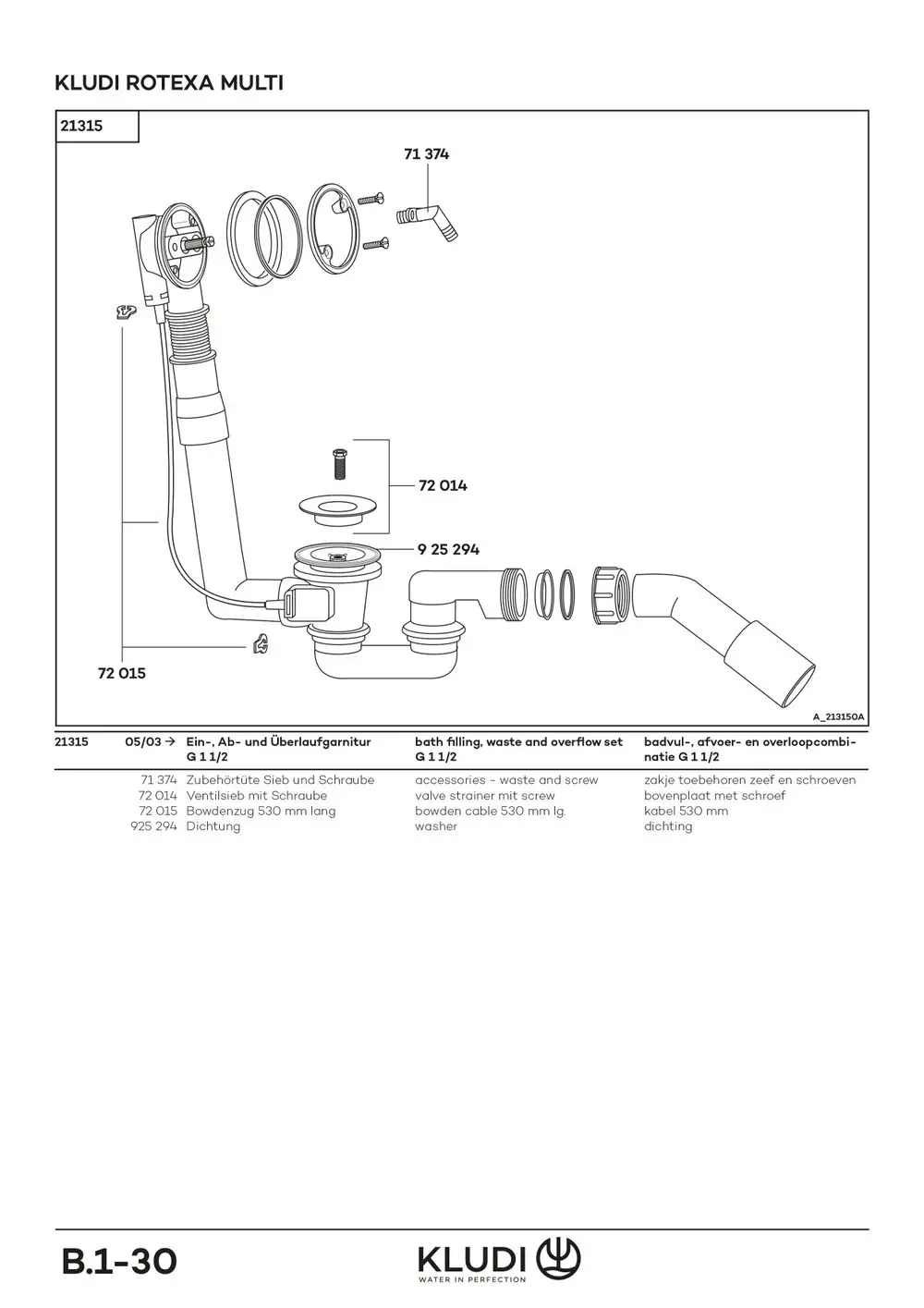 Konstruktionselement von Kludi für eine Ein-Ab-Überlaufgarnitur mit verschiedenen Einzelteilen wie Schrauben, Dichtungen und einem Bowdenzug. Diagramm zur Montage.